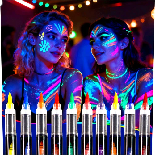 Oiomniv Glow in The Dark Face Paint Markers, 10 Colors UV Neon Body Paint Pens, Waterproof & Skin-Safe Blacklight Tattoo Markers, Washable Temporary Tattoo Pens for Halloween, Music Festivals Parties