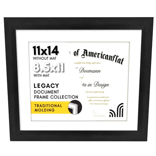 Americanflat 11x14 Diploma Frame with Shatter-Resistant Glass - Use as 8.5x11 Frame with Mat or 11x14 Frame without Mat - Legacy Collection - Thin Picture Frame for Wall Display - Black