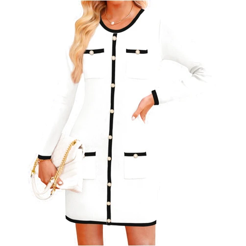 ZESICA Fall Dresses for Women 2025 Long Sleeve Button Color Block Knit Bodycon Short Sweater Dresses with Pockets