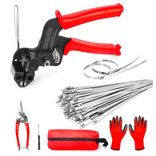 DAFONSO Heavy Duty Stainless Steel Cable Tie Gun Set with 150PCS Ties - Ergonomic Design for Efficient Fastening and Cutting - Ideal for Chain Link Fence, Dog Fence for The Yard, Exhaust Pipe.