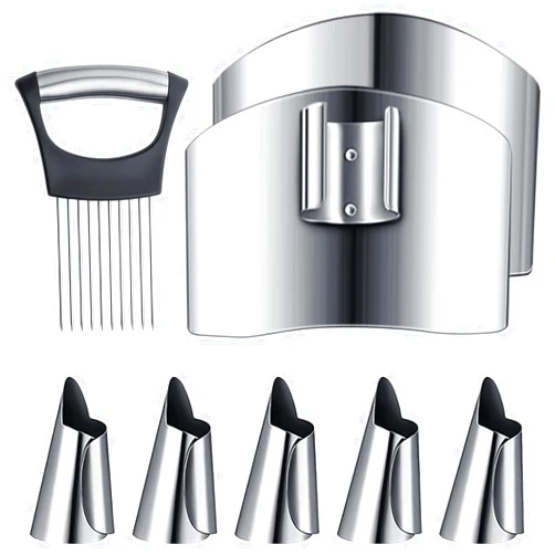 DAIRYCOF 8 Pcs Finger Guard for Cutting Set Included 1 Onion Holder Slicer 2 Stainless Steel Finger Hand Protector 5 Thumb Cutting Protector for Cutting Food Kitchen Tool for Cutting Onion Holder Slicer