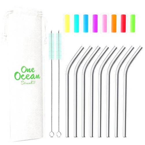 Teivio 8 Pack Short Stainless Steel Straws 6 inch Bent Metal Reusable Straws with Silicone Tips and Case, Cleaning Brush and Carry Bag for Cocktail Glasses, Small Cups