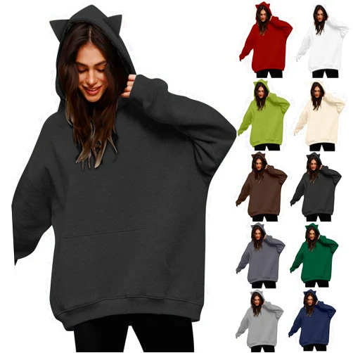 EWASWON Women Plus Size Cute Cat Ear Hoodies Solid Color Fluffy Sweatshirt Baggy Casual Homewear Sweater Tops Trendy Clothing