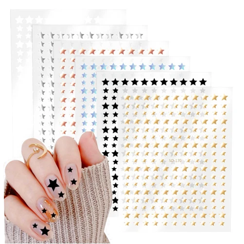 Yuanchu 6 Sheets Star Nail Stickers,3D Self-Adhesive Nail Decals Glitter Shiny Gold Silver White Black Small Stars Nail Art Supplies Manicure Accessories for Women Girls DIY Nail Art Design