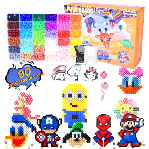 Longruner 10000, 36 Colors Fuse Beads Kit 5mm DIY Art Craft Toys for Kids with 4 Pegboards, 60 30 Pattern Paper| B, 10000pcs