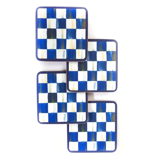 MacKenzie-Childs Square Cork-Back Coaster Set, Table Coasters for Drinks, Set of 4, Blue-and-White Royal Check