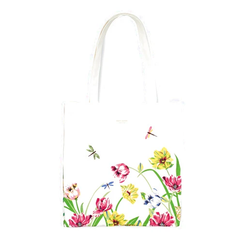 kate spade new york Canvas Tote Bag for Women, Cute Tote Bag for Work or Teacher, Canvas Beach Bag, Book Tote with Pocket, Dragonflies and Tulips