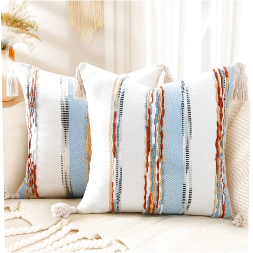decorUhome Boho Decorative Throw Pillow Covers 18x18 Set of 2, Striped Chenille Tufted Pillow Covers with Tassels for Couch Bed Sofa, Cream White and Light Blue