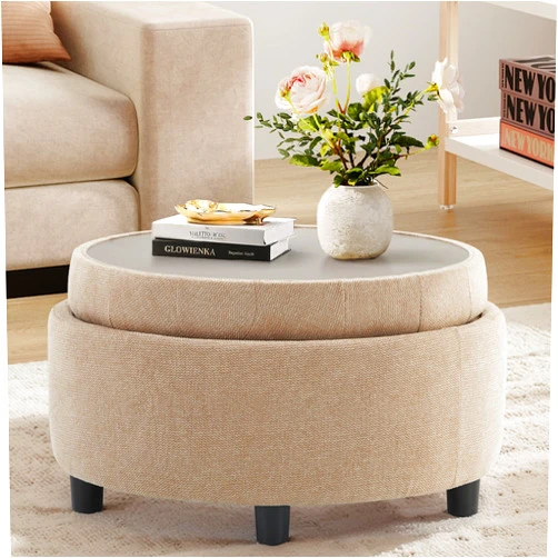 COLAMY Fabric Round Storage Ottoman with Reversible Tray Lid – Multi-Functional Footrest, Hidden Storage, Sturdy & Stylish Small Coffee Table for Living Room, Bedroom, or Entryway(Camel)