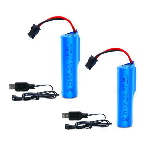 Tosiicop 3.7V Li-ion Battery 1200mAh - 2 Pack Rechargeable Batteries SM-2P Plug with 2 USB Charger Cable for Remote Control Cars Toy Monster Off-Road Trucks Racing RC Car