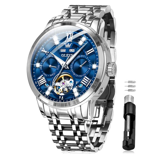OLEVS Automatic Watches for Men Self Winding Mechanical Skeleton Luxury Dress Stainless Steel Diamond Men Wrist Watches
