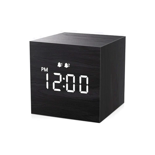 JALL Digital Alarm Clock, with Wooden Electronic LED Time Display, Dual Alarm, 2.5-inch Cubic Small Mini Wood Made Electric Clocks for Bedroom, Bedside, Desk, Black