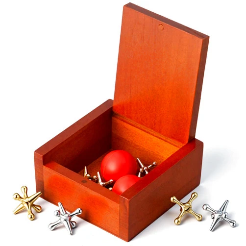 Hiboom 1 Pack Metal Jacks Game with Balls in Keepsake Wooden Box, Vintage Jacks Game for Kids and Adults Nostalgic Floor Games Retro Old School Board Games for Family Night, Birthday Party Favor