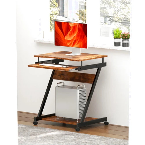 SogesGame Mobile Compact Computer Desk Cart for Small Spaces, Work Workstation, Standing Laptop Cart with Keyboard Tray and Printer Shelf for Home, Office, Rustic Brown