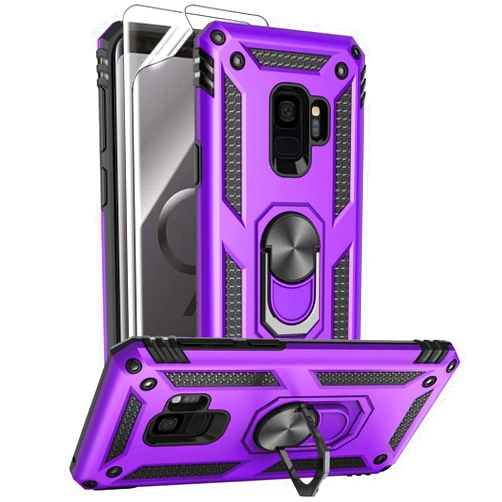 Androgate for Samsung Galaxy S9 Case with HD Screen Protectors, Military-Grade Metal Ring Holder Kickstand 15ft Drop Tested Shockproof Cover Case for Samsung Galaxy S9 (2018), Purple