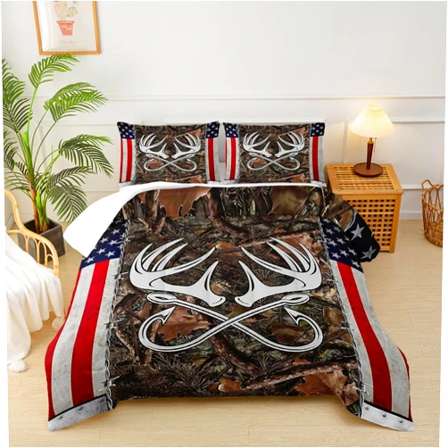 Lneffble Deer Hunting Camo Comforter Set Queen,American Flag Deer Antler Quilt Set Jungle Adventure Bedding Set,Wildlife Forest Tree Print Hunter Bed Set,Boys Military Camo Quilt Set