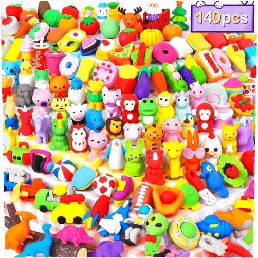 Arscniek 140 Pack Animal Erasers for Kids Bulk, Cute Desk Pets Treasure Box Toys for Classroom Prizes Rewards, Mini Pencil Erasers Take Apart Erasers Back to School Supplies for Boys Girls