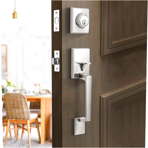 Natsukage Front Door Handle Front Door Lock Set Satin Nickel Entrance Handle Set with Lock Heavy-Duty Entry Door Lock Set with Deadbolt and Lever Handle Reversible for Right & Left Handed Modern