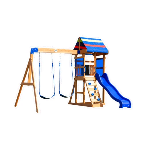 Backyard Discovery Bay Pointe All Cedar Wooden Swing Set, Large Upper Deck with Canopy, Sandbox, Rock Wall, Slide, Two Swings, Chalkboard Blue