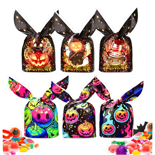 Iioscre 100 PCS Halloween Treat Bags Candy Bags, Kids Trick or Treat Bags Goodie Bags, Cute Rabbit Ear Small Halloween Cookies Plastic Gift Bags for Halloween Party Decoration Supplies