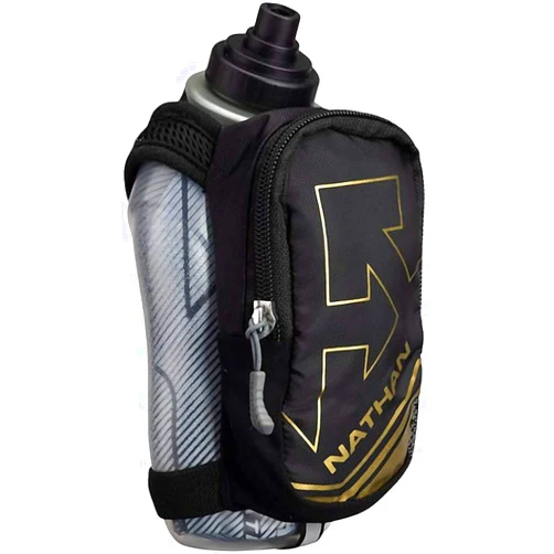 Nathan SpeedDraw Plus Insulated Flask, Handheld Running Water Bottle. Grip Free for Runners, Hiking etc. (Black/Metallic Gold)