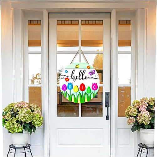 Generic Welcome Spring Summer Flowers Front Door Sign, Rustic Flowers Wooden Hanging Wreath, Seasonal Wooden Wreath for Farmhouse Holiday Home Office Shop Window Indoor Wall Hanging Decoration (G)