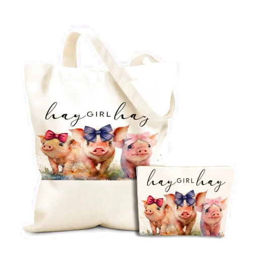 NGZS Pig Gifts Pig Stuff Western 2pcs Cosmetic Bag Canvas Tote Bag for Women, Beach Grocery Canvas Tote for Women Girl Sister Friend Female Teen Niece Cousin Animal Lover Appreciation Birthday Christmas