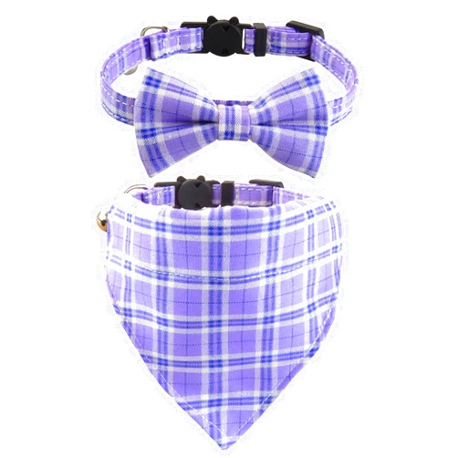 Alainzeo Upgraded Breakaway Cat Collar with Bow Tie and Bell, Cat Collars with Bandana, 2 Pack Adjustable Cute Plaid Cotton Kitten Collar for Male and Female Cats and Small Dogs, Purple