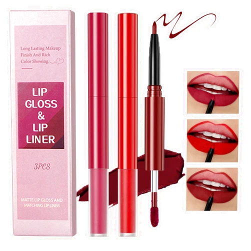 COOSA 3Pcs Lip Liner and Lipstick Makeup Set, Matte Lipstick Kit with Lip Liner Matte Liquid Lipstick Waterproof Lip Stain 24-hour Non-stick Cup Lip Kit Lip Gloss Gift Set (3 Colors Queen Party Set)