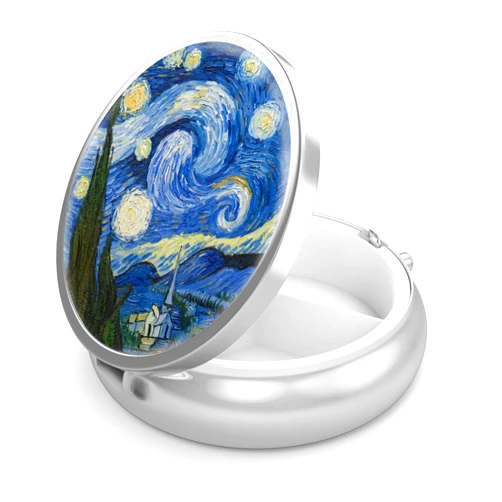 Hion Pill Box 3 Compartment Portable Pill Case for Pocket or Purse Pill Box Decorative Metal Medicine Vitamin Organizer Unique Gift(Van Gogh Starry Night)