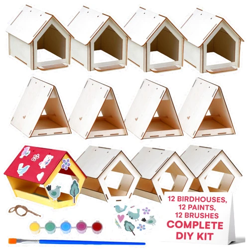 Neliblu Bird Houses to Paint for Kids - Wooden - 12 Pc, Plywood, Durable Material, Educational Fun, Complete Set, Child-Safe, Bulk Crafts - Paint a Bird House Kit for Kids