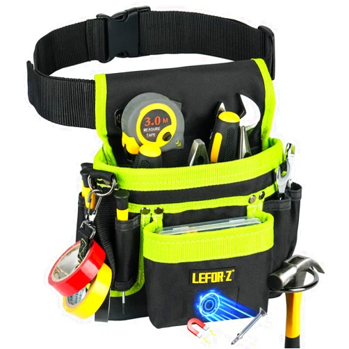 LEFOR·Z Tool Belt,Magnetic Tool Pouch,14-Pockets Tool Belts for Men,Detachable & Adjustable Tool Pouch belt for Electrician,Carpenter,Construction,Work Apron,Utility Belt,Black-Green