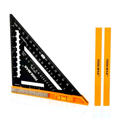 TOOLMAK Carpenter Square 7 Inch Aluminum Triangle Square, Rafter Square with 2pcs Carpenter Pencils, Steel Rule, Level, Layout Tools