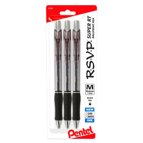 Pentel RSVP Super RT Ballpoint Pen, (1.0mm) Medium Line, Black Ink, 3-Pk - BX480BP3A