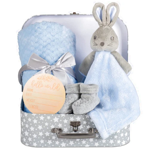 Hoolaroo Baby Boy Gift Set New Born Baby Gifts Baby Blue Bunny Security Blanket Soft Fleece, Suitcase Keepsake Box Blanket Booties & Baby Gift Basket – Unique Present for Baby Shower & Newborn Lovey Welcome