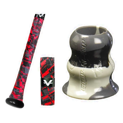Vulcan 1.75mm Bat Grip & Grip-N-Rip Taper Bat Grip Bundle | Baseball/Softball | Red Sizzle & Night Camo