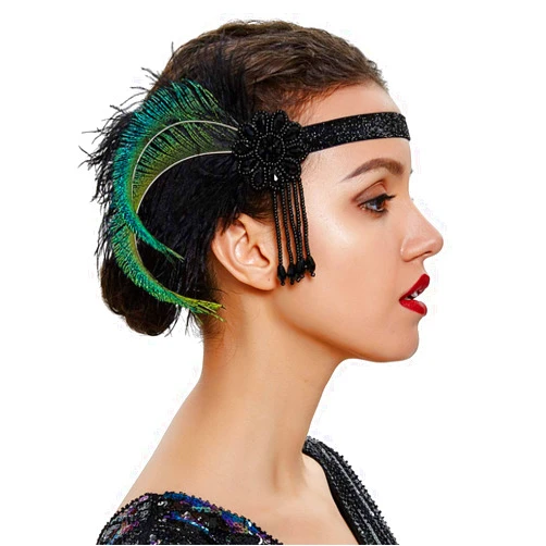 Anglacesmade Bridal 1920s Flapper Feather Headband Crystal Flower Beaded Tassel Black Feather Headpiece Hair Jewelry for Women and Girls (Green)
