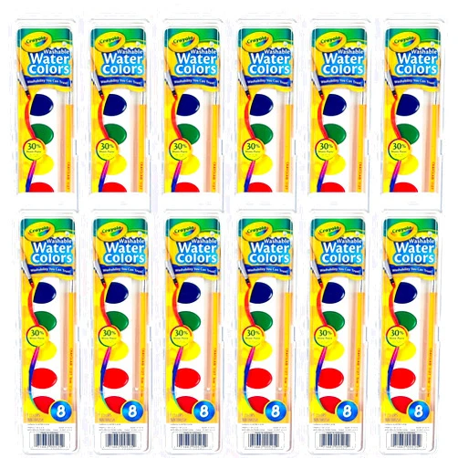 Crayola Washable Watercolor Paint Sets for Kids (12ct), Bulk Arts & Crafts Supplies, 8 Paint Colors, Brush Included, Easter Basket Essentials & Gifts