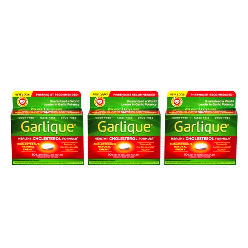 Garlique Healthy Cholesterol Formula with 5000 mcg of Allicin, 30 Enteric Coated Caplets (3 Pack)