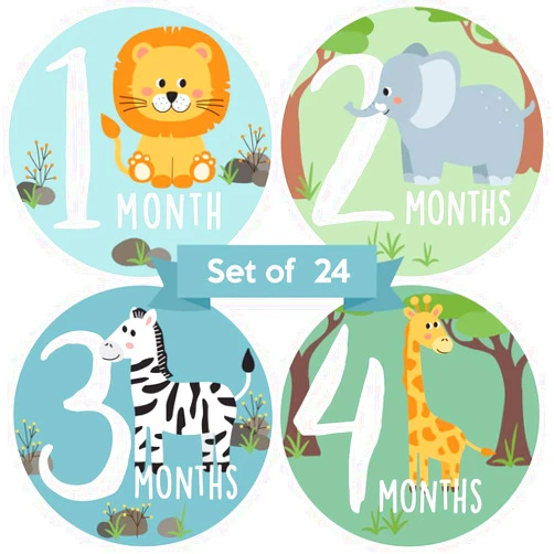 Little Moments Baby Monthly Stickers | Zoo Animals Baby Milestone Stickers | Jungle Newborn Boy or Girl Stickers | Month Stickers for Baby Boy | Gender Neutral | Unisex Safari Newborn Monthly Milestones (Set of 24)
