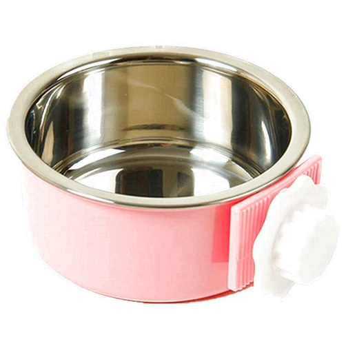 Oomiibe Dog Crate Water Bowl, Removable Stainless Steel Hanging Pet Cage Bowl Food & Water Feeder Coop Cup for Cat Puppy Birds Rats Guinea Pigs (Pink, Large)