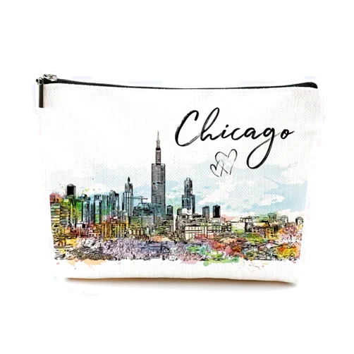 NGZS Chicago Travel Gift Cosmetic Bag Chicago Lovers Gift Chicago Souvenir Watercolor Makeup Bag Girls Trip Gifts Favors Chicago City Themed Gifts for Traveller Birthday Christmas Bachelorette Party Favors