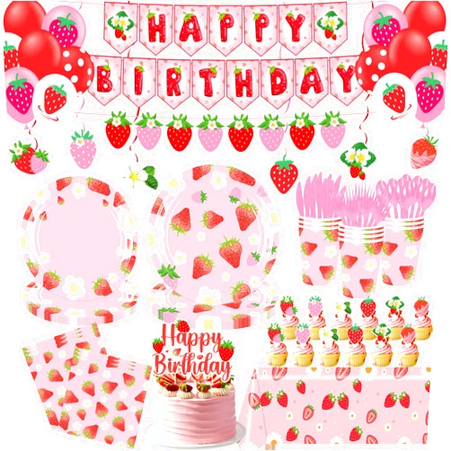 ZOYVUX Strawberry Birthday Decorations, Berry Party Decorations Including Banner, Tablecloth, Backdrop, Cake Topper, Balloons, Hanging Swirls, Plates, Cups For Strawberry Themed Party