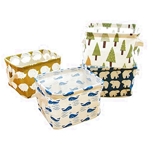MinoMia Miaro 4 Pack Canvas Storage Basket Bins, Home Decor Organizers Bag for Adult Makeup, Baby Toys liners, Books (4 pack, tree,bear,hedgehog,whale)