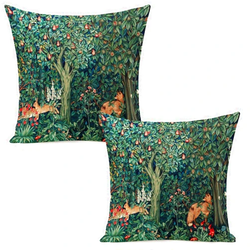 Dripglw Set Of 2 William Forest Fox Hares Blue Green Floral Morris Throw Pillow Covers 18x18 Inch Aesthetic Pillow For Bedroom Velvet Decor Pillowcase Home Decor Living Room Cushion Case For Bed Sofa Couch