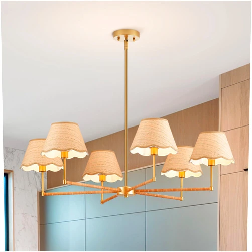 ELYCCUPA 39” Boho Rattan Chandelier 6-Lights Rustic Industrial Pendant Light Large Adjustable Pendant Lighting Fixtures for Kitchen Island Dining Living Room, UL Listed