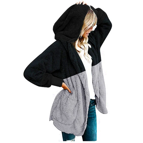 HENGCHENG Women Leisure Printed Fuzzy Parkas Fleece Lined Jacket Plus Size Long Sleeve Hooded Coat Zipper Pocket Wool Overcoat