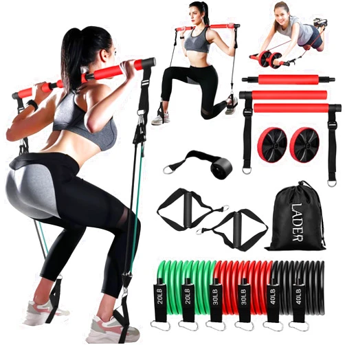 LADER Pilates Bar Kit with Resistance Bands, LADER Yoga Pilates Bar with Ab Roller for Abs Workout, Adjustable 3-Section Pilates Bar Portable Fitness Bar for Women & Men Home Gym Yoga Pilates (Red)