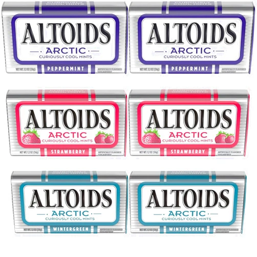 Mighty Merchandise Altoids Arctic Mints Variety Pack | 1.2 oz Tins (Pack of 6) | Wintergreen, Strawberry, and Peppermint | Sweet and Refreshing | With Mighty Merchandise Pocket Snack Bag