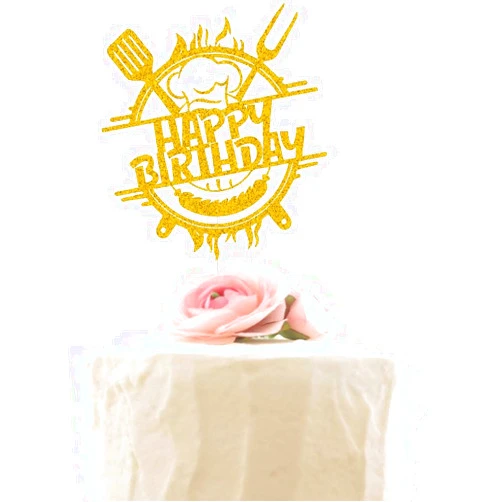 XIUHUBA Barbecue Happy Birthday Cake Topper for BBQ Sausage Roti Grill Cooking Theme Birthday Cake Decorations Boy Girl Bday Party Decor Gold Glitter